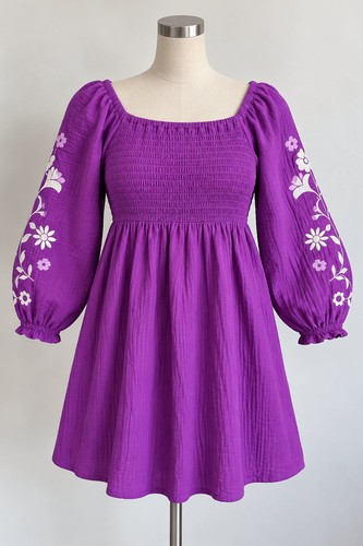 Purple embroidered smocked - purple,